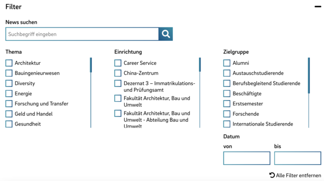 Screenshot der Filtermöglichkeiten zum Durchsuchen von News auf der HSB-Website