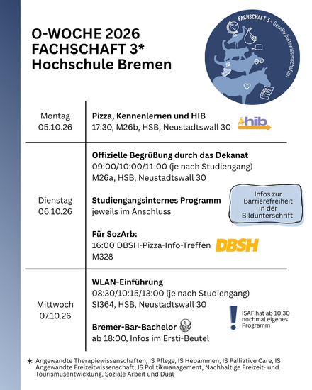 Eine &Uuml;bersicht &uuml;ber das Programm der Fachschaft 3 an der Hochschule Bremen f&uuml;r die O-Woche 2026