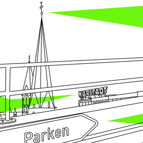 Zeichnung mit einem Blick auf die Innenstadt von einer Br&uuml;cke. Illustration: Gaby Husted 