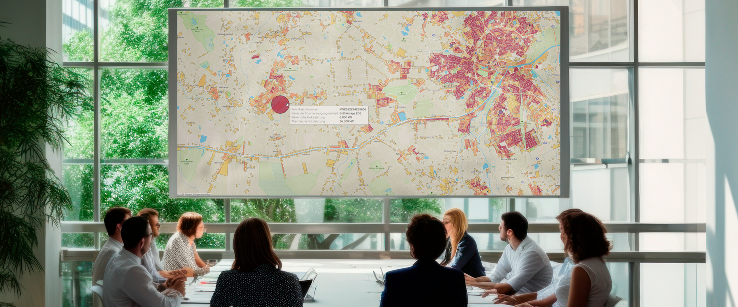 Niedersächsischer wärmeplaner Menschen sitzen am Tisch und schauen auf eine große Karte an einen Fenster