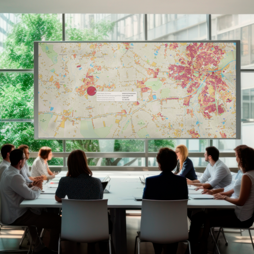 Menschen sitzen am Tisch und schauen auf eine gro&szlig;e Karte an einen Fenster