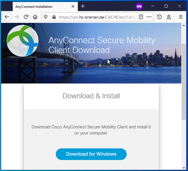 AnyConnect Webseite zum Download.