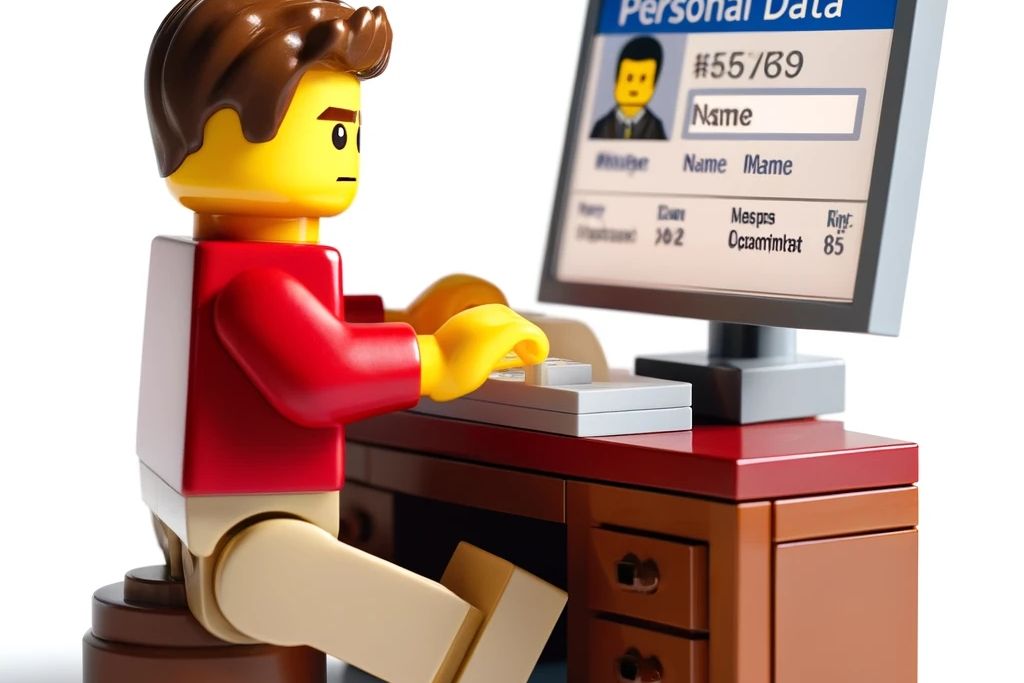 Eine Lego-Figur die am Laptop Personal Daten eingibt.