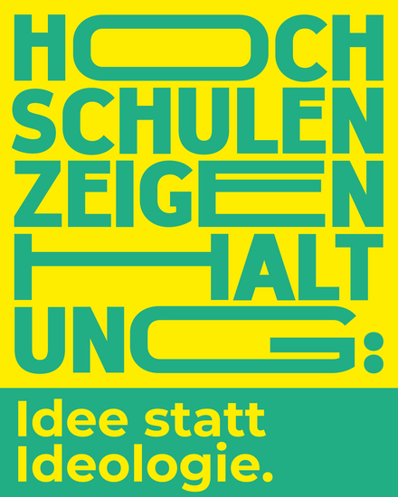 Illustration mit dem Claim: "Hochschulen zeigen Haltung: Idee statt Ideologie."