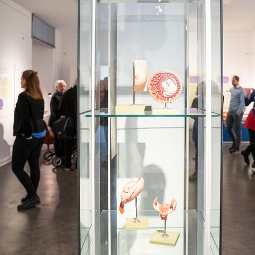 Vitrine mit Ausstellungsstücken. Im Hintergrund sieht man leute unscharf.