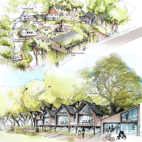 Isometrie der Museumsanlage und Perspektive der Baumh&auml;user - Studienprojekt von Philipp Heinrich