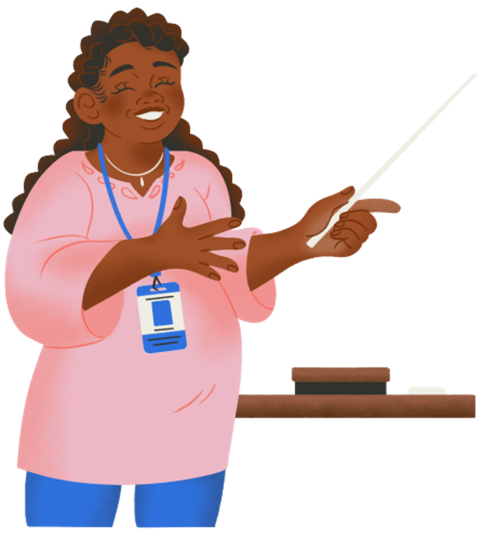 Eine weiblich gelesene PoC,die mit einem Zeigestock in der Hand referiert. Um den Hals trägt sie einen Konferenz-Ausweis.