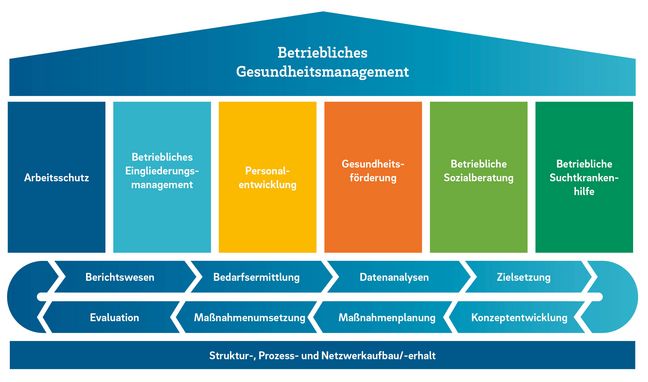Visualisierung: Ein Haus mit Betrieblichem Gesundheitsmanagement als Dach, gestützt von sechs Säulen steht (Arbeitsschutz, Betriebliches Eingliederungsmanagement, Personalentwicklung, Gesundheitsförderung, Betriebliche Sozialberatung, Betriebliche Suchtkrankenhilfe). Der Boden ist ein Kreislauf (Berichtswesen, Bedarfsermittlung, Datenanalysen, Zielsetzung, Konzeptentwicklung, Maßnahmenplanung, Maßnahmenumsetzung, Evaluation), das Fundament ist der Struktur, Prozess- und Netzwerkaufbau und -erhalt.