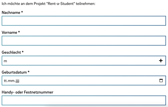 Screenshot Ausschnitt vom Anmeldeformular zum Rent-a-Student-Programm der ZSB Screenshot Ausschnitt von einem Anmeldeformular