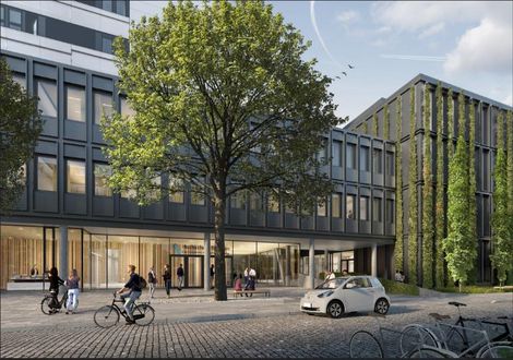 Modellgrafik Gebäude mit Glas und begrünter Fassade