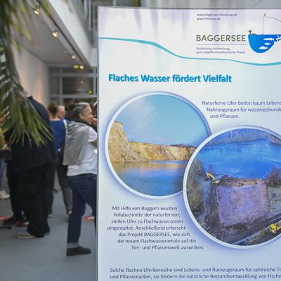 Im Vordergrund ist eine Ausstellungs-Wand zum Thema Flachwasser-Zonen auf dem Praktiker-Tag in Bremen am 27.09.2025 zu sehen, im Hintergrund stehen Teilnehmer der Veranstaltung.