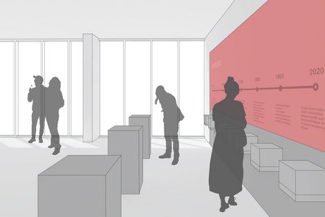 Grafik zum Aufbau eines Raums zur Nail Exhibition. Es ist rechts eine Wand mit Zeitstrahl zu sehen.