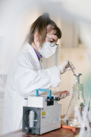 Studentin bei einem Versuch im Hygienepraktikum-Labor