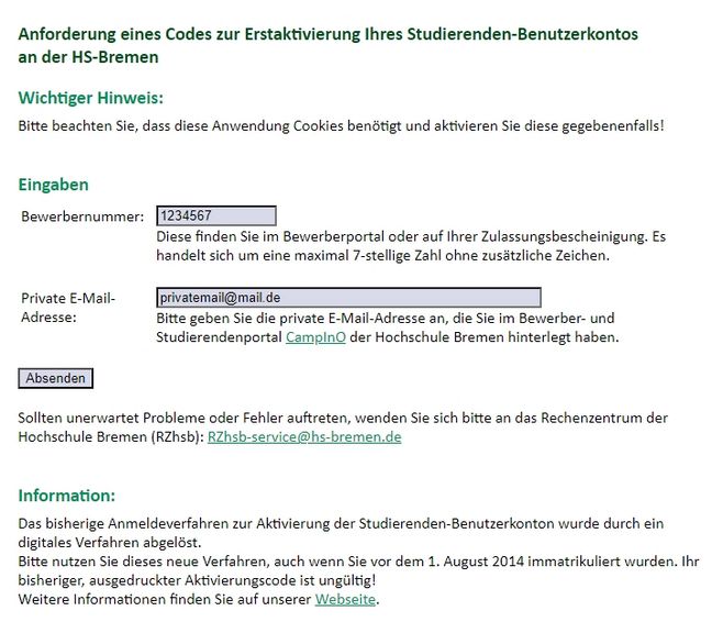 Erstaktivierung HSB Account - Schritt 1 Formular – Erstaktivierung, Bewerbernummer und private E-Mail (wie in CampInO bei Bewerbung angegeben) werden benötigt.