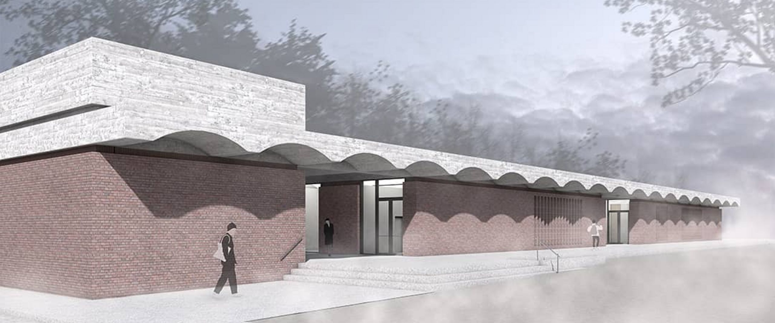 Bachelor-Thesis von Jesse Henrik Rahn. Architektonischer Entwurf eines flachen Gebäudes aus Backstein mit Betondach.