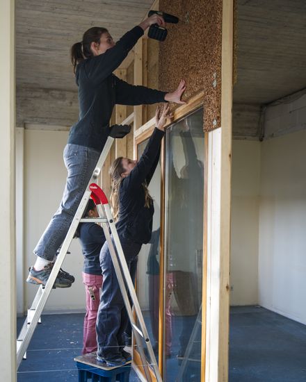Frau steht auf Leiter, eine weitere steht davor und h&auml;lt Materialien, um eine bobile wand zu bauen.