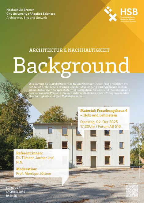 Plakat zum Vortrag "Material: Forschungshaus 4 – Holz und Lehmstein, Bad Aibling"