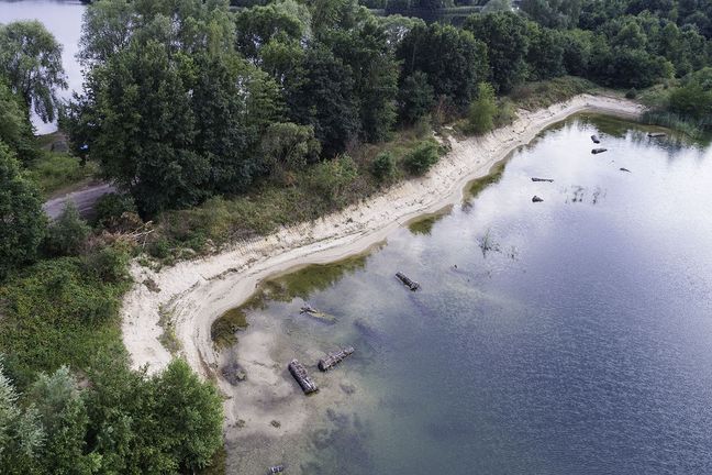 Eine im Vorgänger-Projekt BAGGERSEE neu ausgebaggerte Flachwasserzone am Meitzer See 2022, in der Bündel aus Totholz im ufernahen Wasser liegen. Die Drohnen-Aufnahme zeigt, wie im Uferbereich eines Baggersees platzierte Totholz-Bündel aus der Luft aussehen.