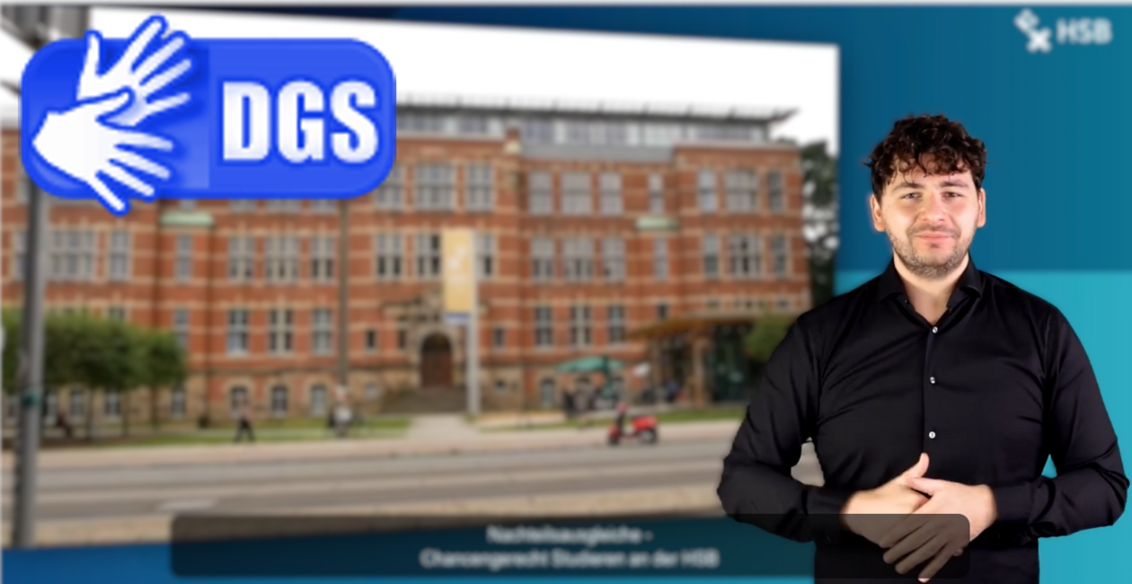 Im Vordergrund ist ein Mann, der gebärdet. Im Hintergrund ist ein verschwommenes Foto des HSB Gebäudes an der Langemarckstraße.