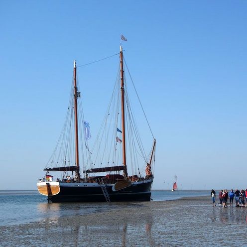 Ein Zweimaster liegt auf Grund im Wattenmeer. Eine Gruppe Menschen steht davor. Blauer Himmel und Ebbe.