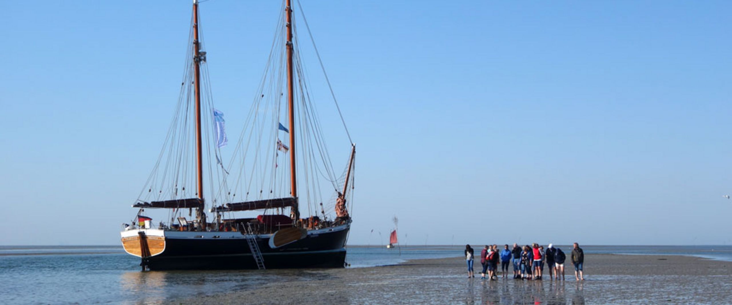 Traditionssegler Franzius - trockengefallen im Watt Ein Zweimaster liegt auf Grund im Wattenmeer. Eine Gruppe Menschen steht davor. Blauer Himmel und Ebbe.