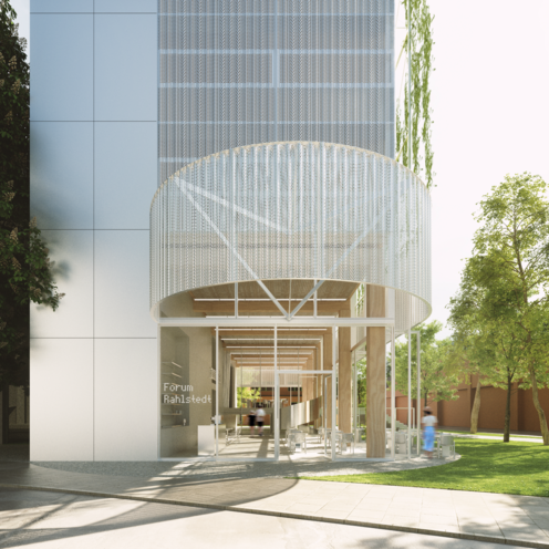 Gastvortragsreihe POSITION_Stadtzentrum Rahlstedt Bild mit weißem Gebäude, das den Eingang visualisiert