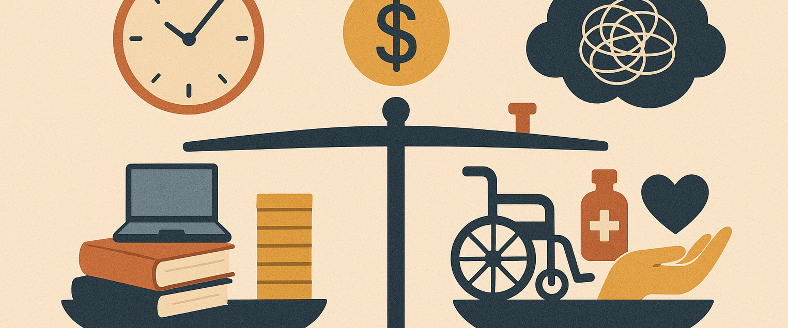 Waage mit Symbolen für Studium, Finanzen und Pflege, ergänzt durch Uhr, Geldsymbol und Stresswolke – Darstellung der Mehrfachbelastung pflegender Studierender.