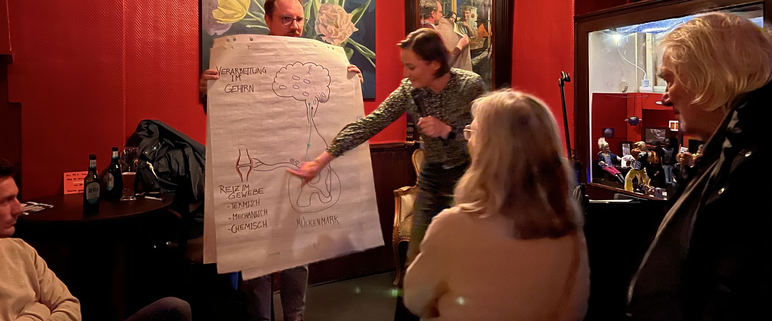Frau hält Vortrag in einer Kneipe an einem Flipchart