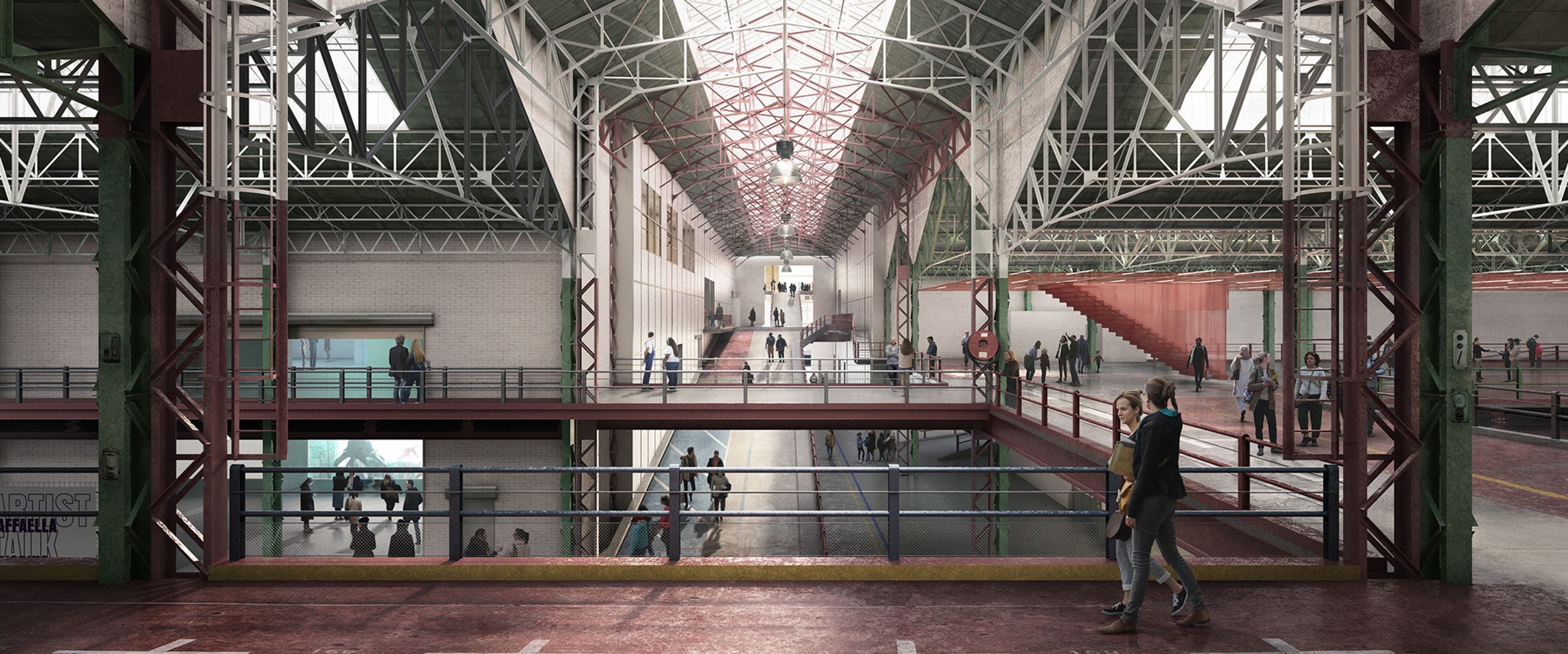 Visualisierung des Innenraums von KANAL &ndash; Centre Pompidou in Br&uuml;ssel mit gro&szlig;z&uuml;gigen Ausstellungs- und Begegnungsfl&auml;chen innerhalb einer umgenutzten Industriehalle. Die offene Stahltragstruktur, Oberlichter und mehrere Ebenen schaffen einen lichtdurchfluteten Raum f&uuml;r Kultur und &Ouml;ffentlichkeit.