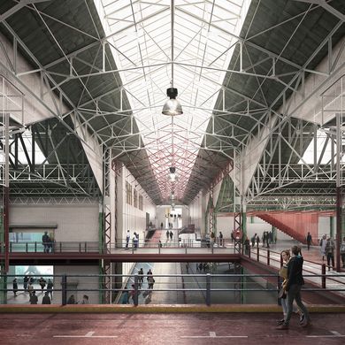 Visualisierung des Innenraums von KANAL &ndash; Centre Pompidou in Br&uuml;ssel mit gro&szlig;z&uuml;gigen Ausstellungs- und Begegnungsfl&auml;chen innerhalb einer umgenutzten Industriehalle. Die offene Stahltragstruktur, Oberlichter und mehrere Ebenen schaffen einen lichtdurchfluteten Raum f&uuml;r Kultur und &Ouml;ffentlichkeit.