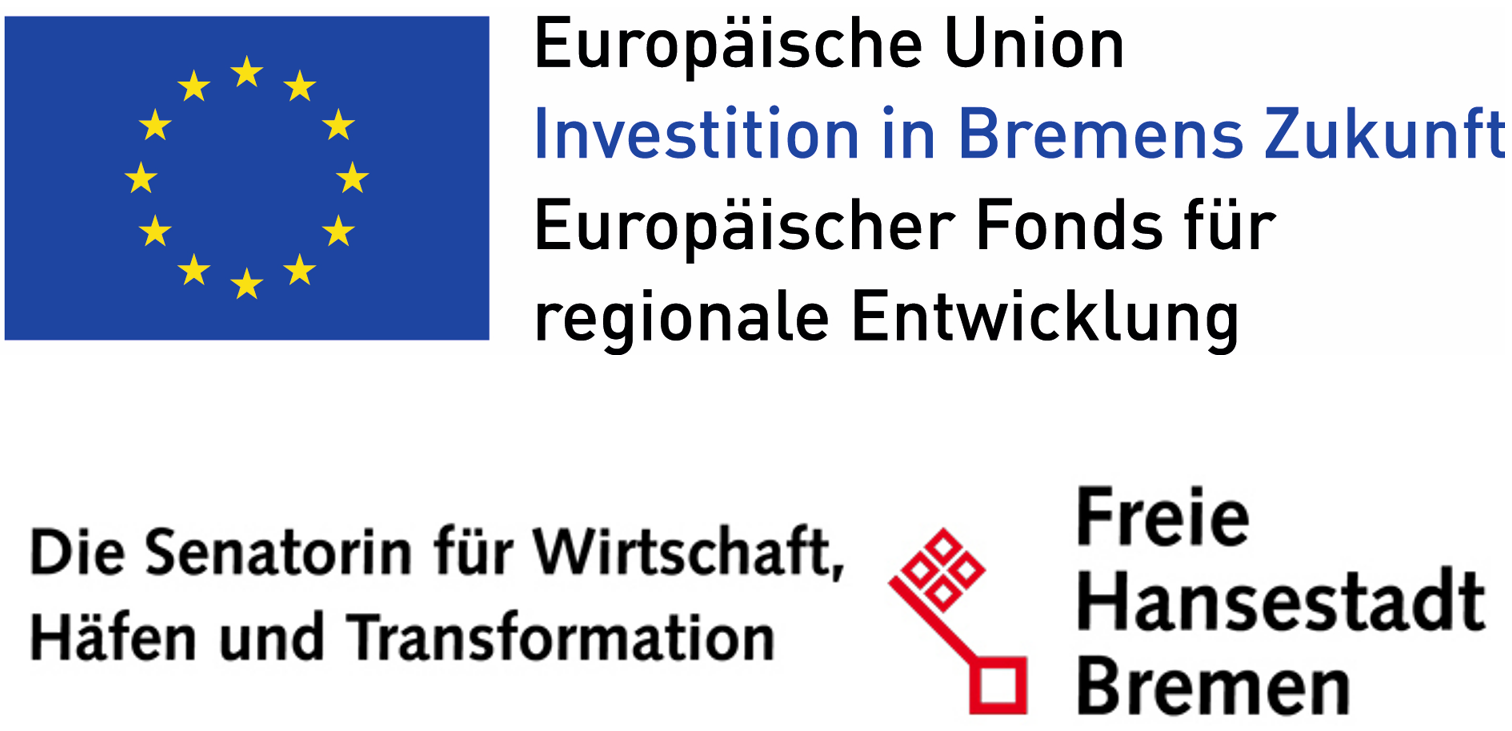 Logos EFRE und Senatorin für Wirtschaft, Häfen und Transformation der Freien Hansestadt Bremen