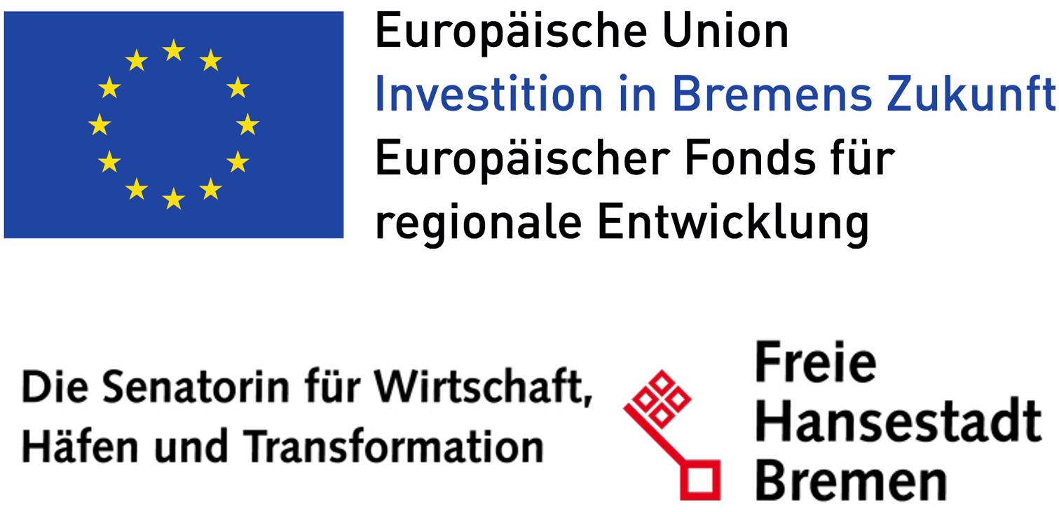 Logos EFRE und Senatorin für Wirtschaft, Häfen und Transformation der Freien Hansestadt Bremen
