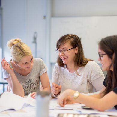 Eine Gruppe Studierender sitzt am Tisch und diskutiert.