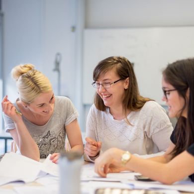 Studierendengruppe Eine Gruppe Studierender sitzt am Tisch und diskutiert.