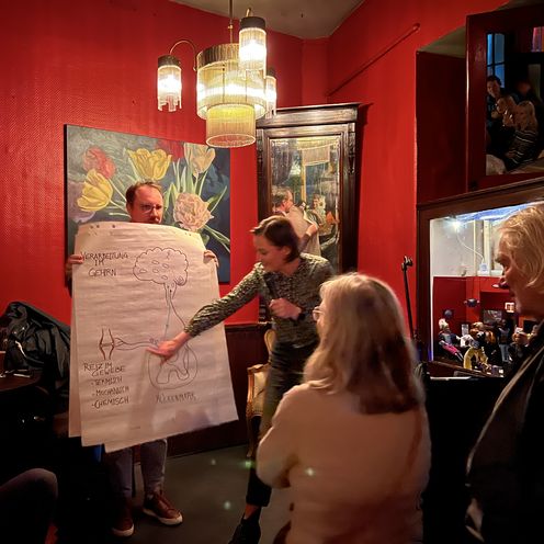 Frau h&auml;lt Vortrag in einer Kneipe an einem Flipchart