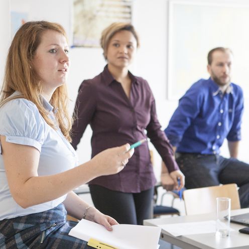 Eine Frau erkl&auml;rt einer anderen Frau und einem Mann etwas
