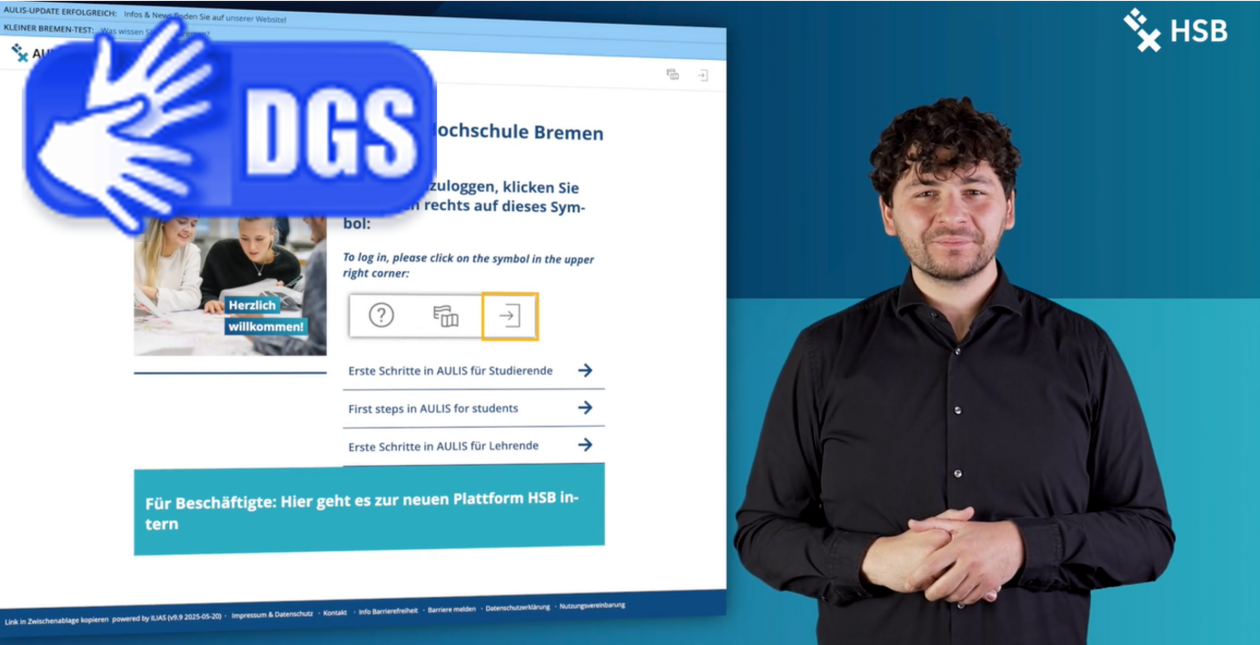 Im Vordergrund ist ein Mann, der gebärdet. Im Hintergrund ist ein verschwommener Screenshot von AULIS.