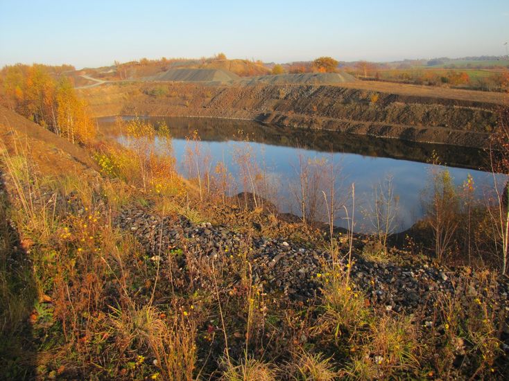 Baggersee mit steil abfallendem Ufer im Sonnenschein im Herbst. Am Ufer stehen Bäume und Sträucher mit orange-braun gefärbten Herbstblättern, darüber ist blauer Himmer.