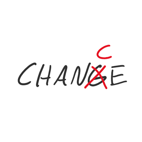 Schriftzug "Change" dabei ist das g von "Change" durchgestrichen und durch ein C ersetzt, das Wort "Chance" ergibt sich