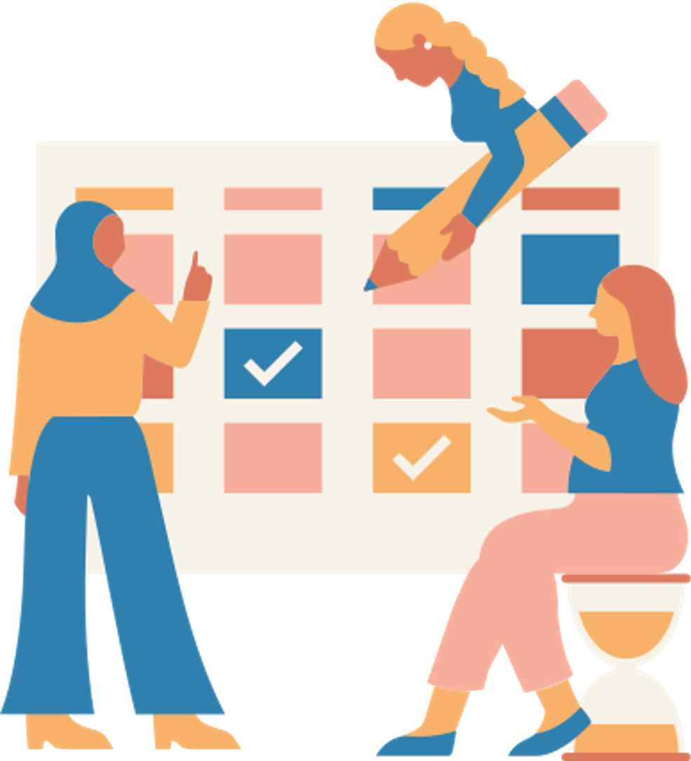 Drei weiblich gelesene Personen, die zusammen etwas planen. In Hintergrund sind bunte Kästchen zu sehen, die eine der Personen mit einem sehr großen Stift abhakt. Eine Person sitzt auf einer Sanduhr.