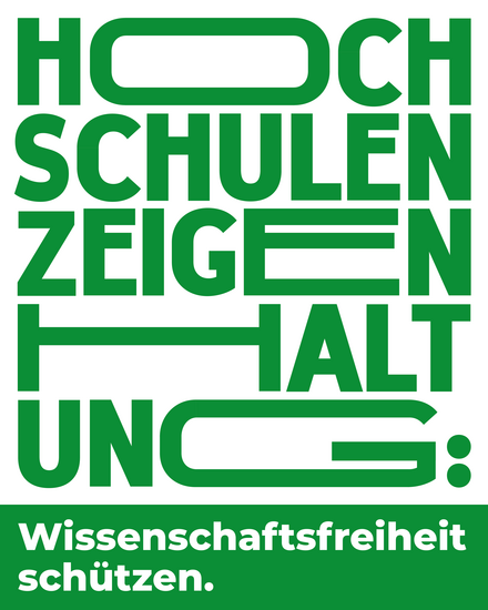 Illustration mit dem Claim: "Hochschulen zeigen Haltung: Wissenschaftsfreiheit sch&uuml;tzen."