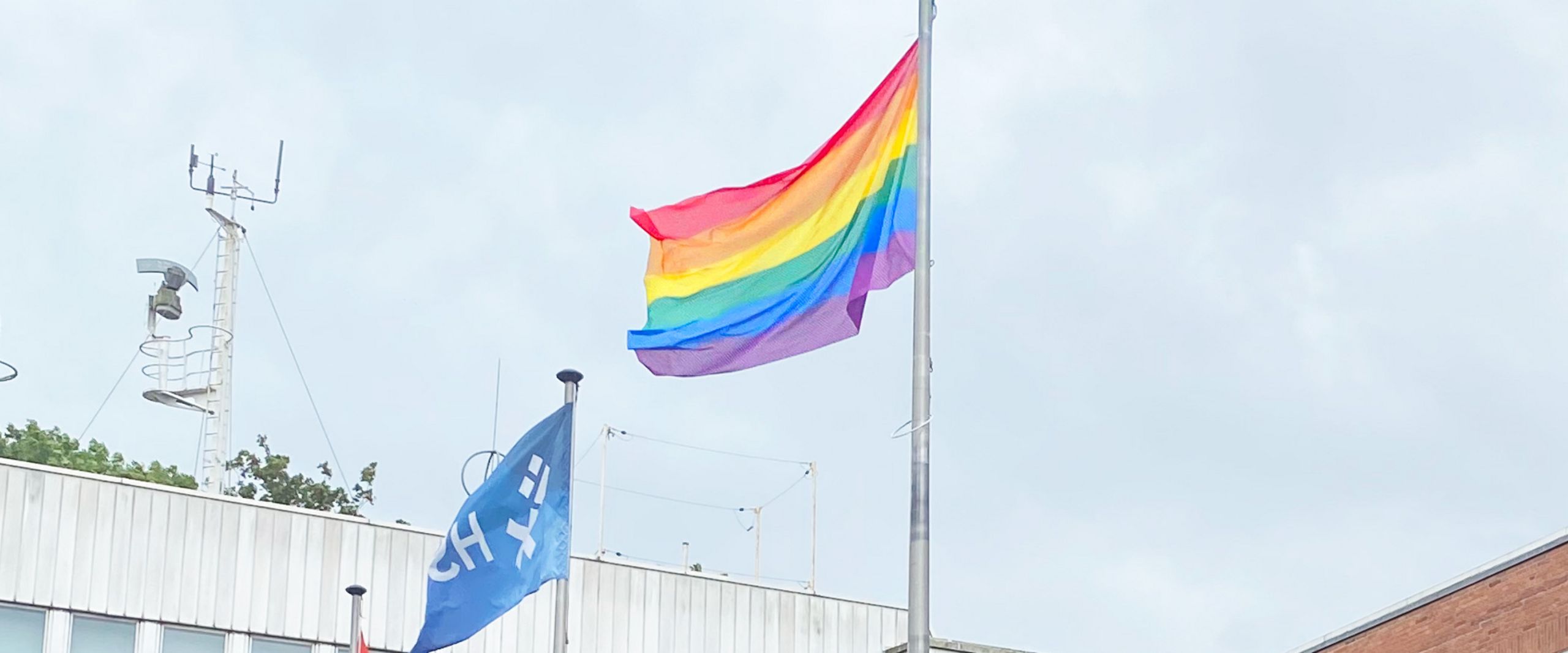 Eine Pride Flagge weht vor dem HSB-Geb&auml;ude an der Werderstra&szlig;e 