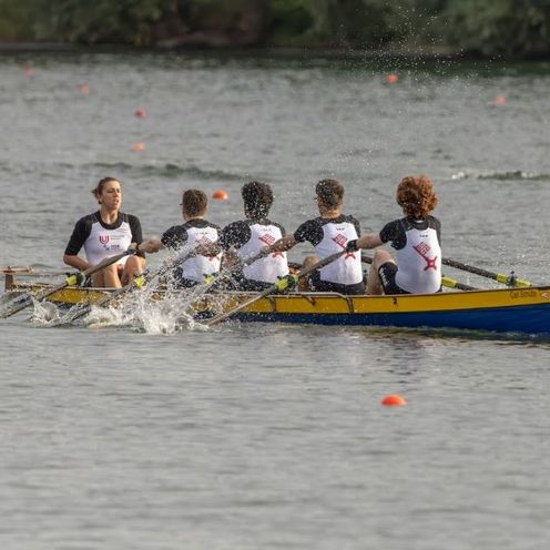 Vier Ruderer sitzen gemeinsam w&auml;hrend der Deutschen Hochschulmeisterschaft Rudern in einem Boot. Vor ihnen sitzt eine Steuerfrau