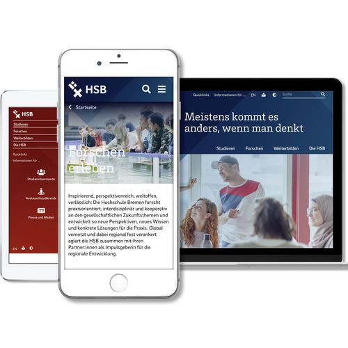 Darstellung der HSB-Website auf einem Tablet, einem Smartphone und einem Laptop.
