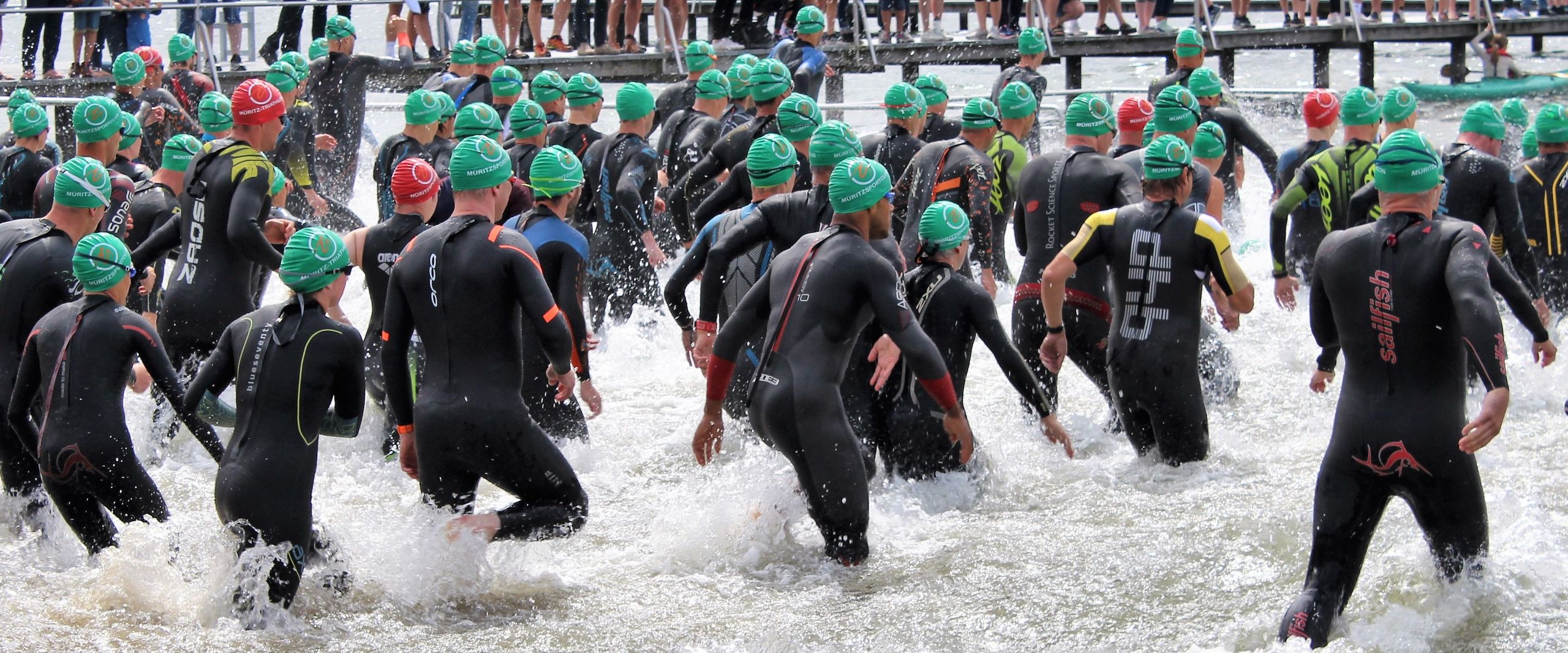Schwimmer:innen in Neoprenanzügen laufen ins Wasser beim Müritz-Triathlon 2021.