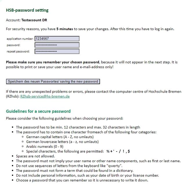 Initial activation of HSB account - step 4 Form - Change password, assignment of a personal password, according to the guidelines for secure passwords.