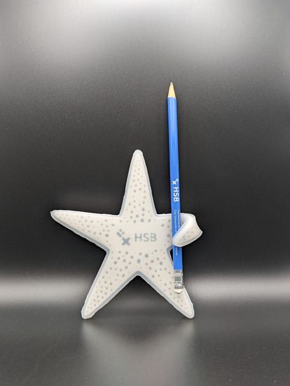 Plastikseestern mit HSB-Logo in der Mitte hält Stift.