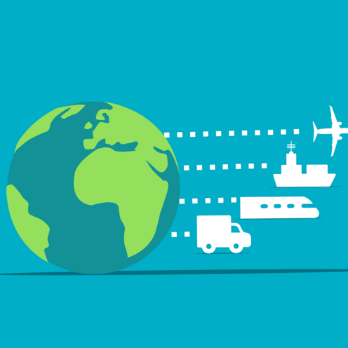 Erdkugel mit einem LKW, Zug, Schiff und Flugzeug