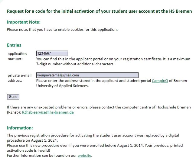 Initial activation of HSB account - step 2 Form - initial activation, applicant number and private e-mail (as entered in CampInO when applying) are required.