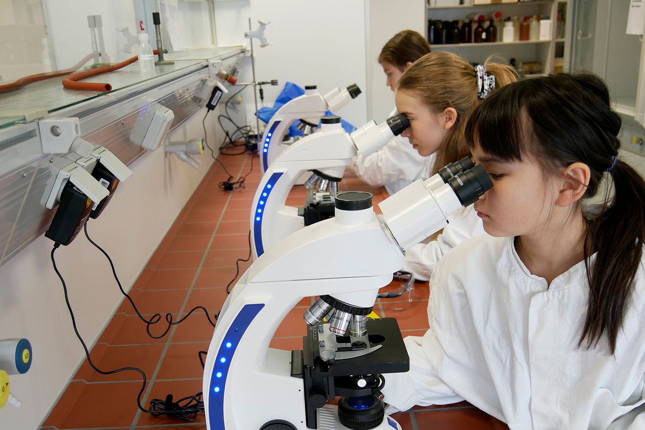 Drei M&auml;dchen sitzen an einem Tisch in einem Labor und bauen etwas mit kleinen R&auml;dern.